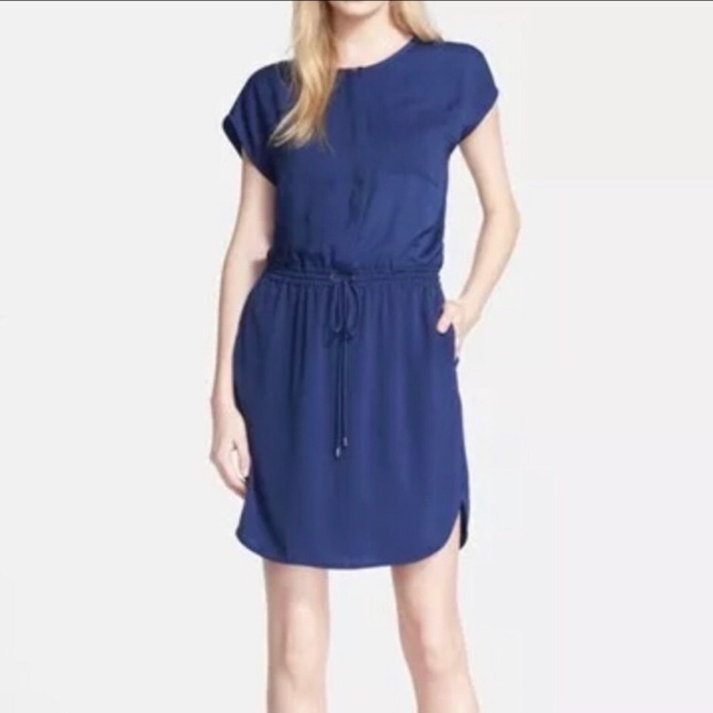 Vince Blue Satin Draped Relaxed Drawstring Short Sleeve Shirt Dress Sz S